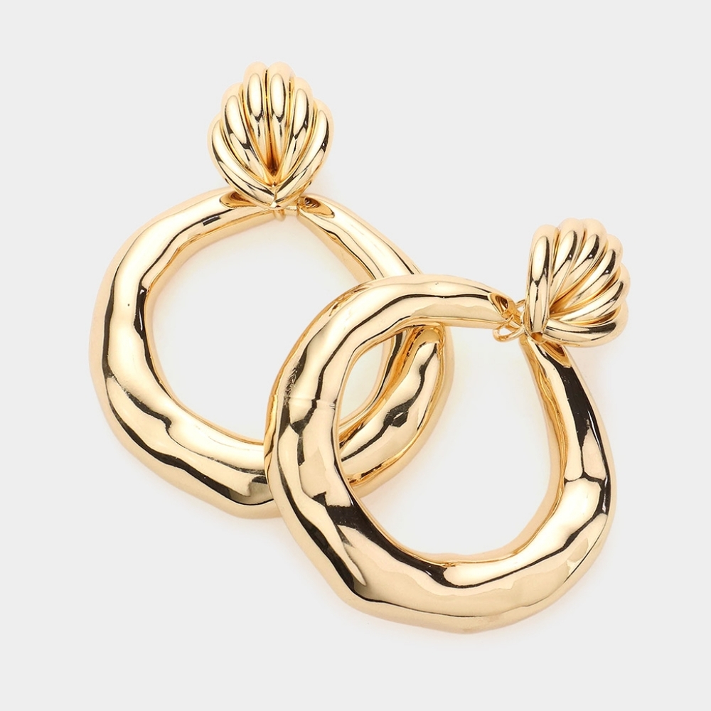Gold Abstract Irregular Circle Hoop Dangle Metal Earrings 3" Bold Chunky